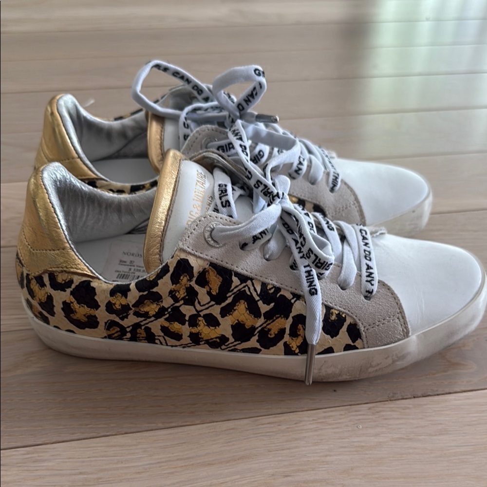 ZADIG & VOLTAIRE 
Gold and Leopard Print Sneakers, distressed look